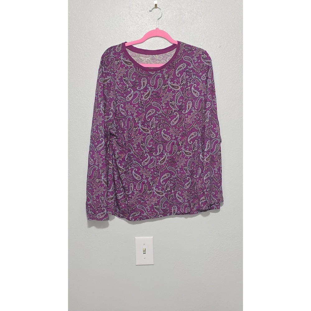 Lands End 2X 20W 22W Magenta Purple Paisley Supima Cotton Long Sleeve Tee Top